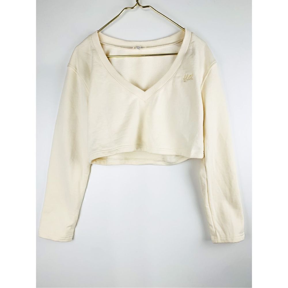 For Love & Lemons Women's V-Neck Cropped Sweatshirt Top Cream Size Small